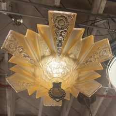 1930's Art Deco Honey Colored Pressed Glass One Light Pendant with Elaborate Brass Work, 034085