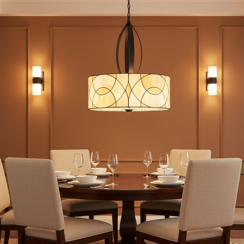 Contemporary Stained Glass Pendant with 3 Sockets, Pale Yellow Swirl Glass, Oil Rubbed Bronze Elliptical Down Rod Support, Sku 033760