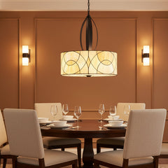 Contemporary Stained Glass Pendant with 3 Sockets, Pale Yellow Swirl Glass, Oil Rubbed Bronze Elliptical Down Rod Support, Sku 033760