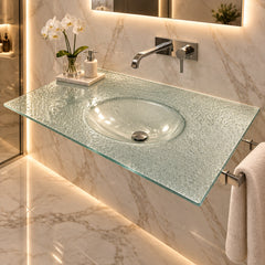 Green Glass Vanity Top with Integrated Sink Texture on Reverse Side, Sku 033997