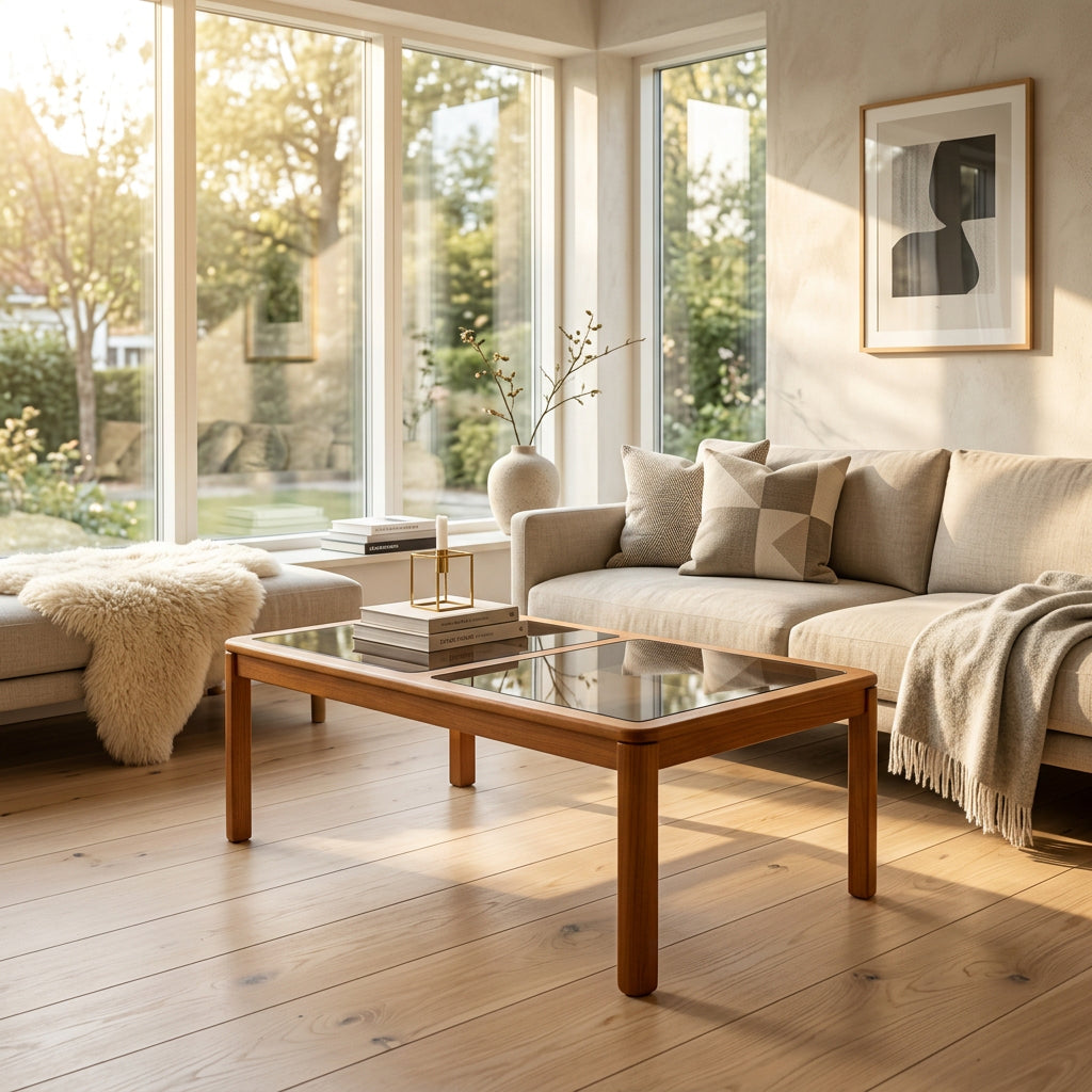 Made in Denmark Teak Wood Coffee Table with Smoked Glass Insert, 034108