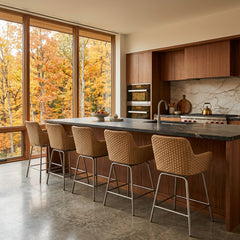 Bernhardt Meade Swivel Counter Stools with Silvertone Base, Rope Backarms and Gray Tweed Seat Cushions, Sku 034129