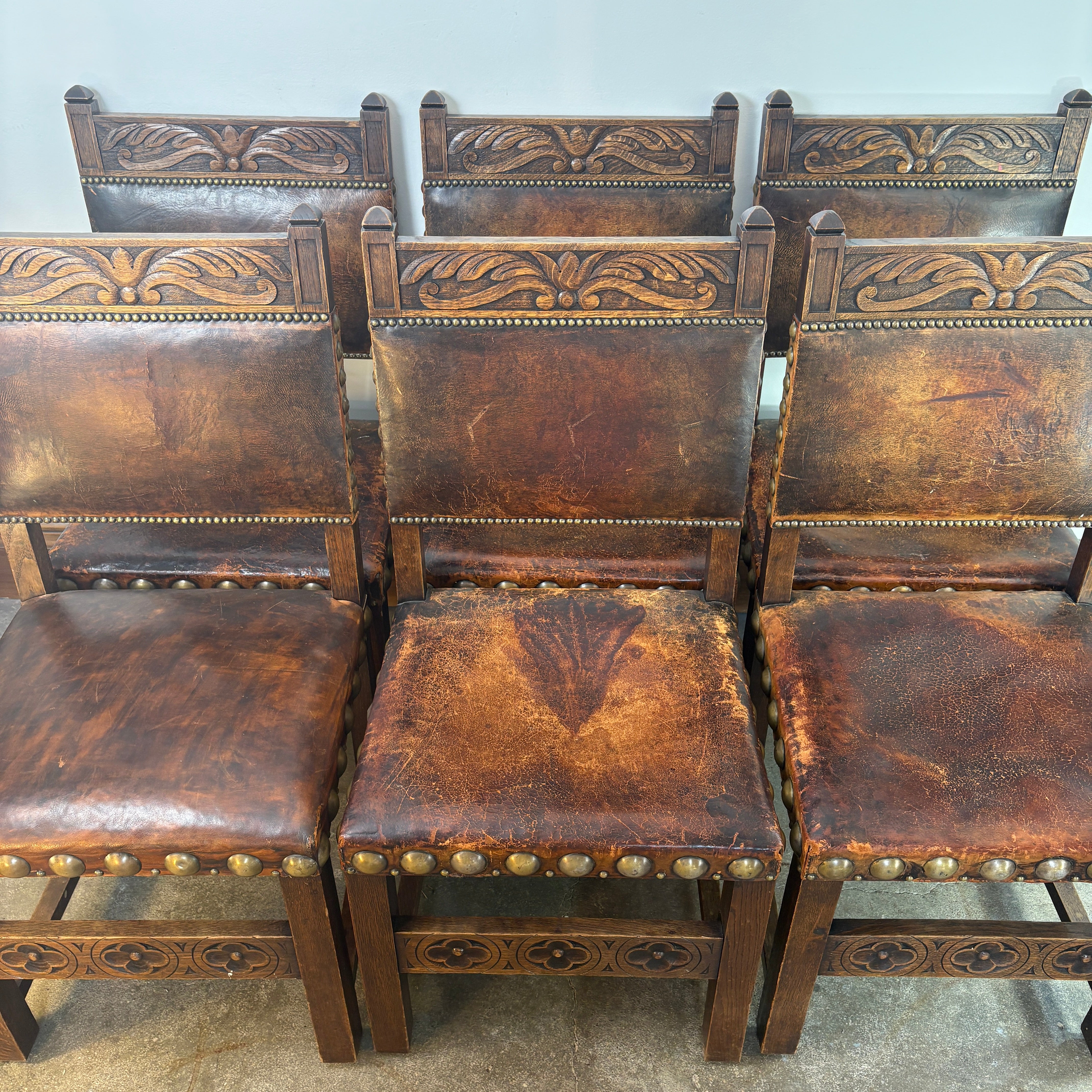 Set of Oak & Aged Leather Arm Chairs with Nail Head Detail & Side Chairs, Sku 033087
