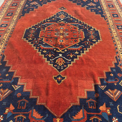 Hand Knotted Wool Rug, Origin Unknown, Rust and Navy, Central Diamond, Sku 033463