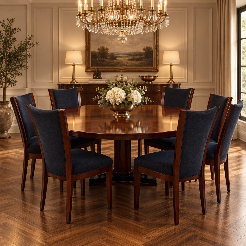 Excelsior Designs Italian Dining Set Consisting of Round Table with 4 Radiant Leaves and 8 Side Chairs.  All Constructed in Hard Wood.  Chair Upholstery is a Soft Black Textured Fabric. Sku 034039