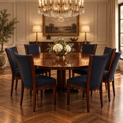 Excelsior Designs Italian Dining Set Consisting of Round Table with 4 Radiant Leaves and 8 Side Chairs.  All Constructed in Hard Wood.  Chair Upholstery is a Soft Black Textured Fabric. Sku 034039