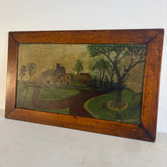 Framed Primitive Landscape Oil Painting on Glass, Sku 034035