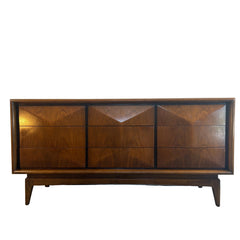 United Furniture Triple Dresser Walnut Finish Faceted Design Detail, Sku 033877