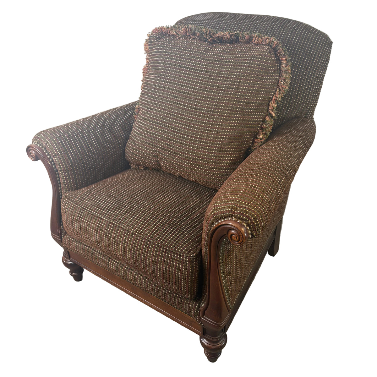 Thomasville Armchairs with Nail Head Detail and Wood Accents  Brown and Berry Tweed Upholstery, Sku 033311