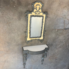 Antique French Renaissance Revival Style Wall Mounted Console Table and Mirror, Verdigris Finished Metal, Table Surface is Faux Stone, Sku 033516