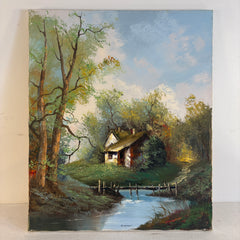 Unframed Painting Signed Sormani Stream and Cottage, Sku 034008