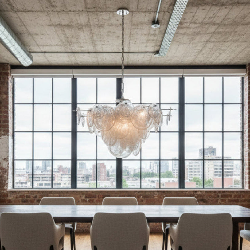 Visual Comfort AERIN "Loire" Semi-Flush Chandelier, White Strie Glass Disc Detail, Polished Silver Tone Base, Sku 033635