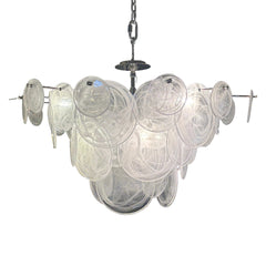 Visual Comfort AERIN "Loire" Semi-Flush Chandelier, White Strie Glass Disc Detail, Polished Silver Tone Base, Sku 033635