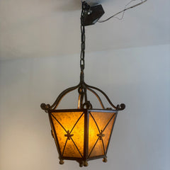 Pendant Light Hexagonal Metal Structure Amber Glass Bronze Finish Gold Accents, Sku 034156