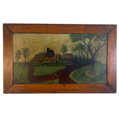 Framed Primitive Landscape Oil Painting on Glass, Sku 034035