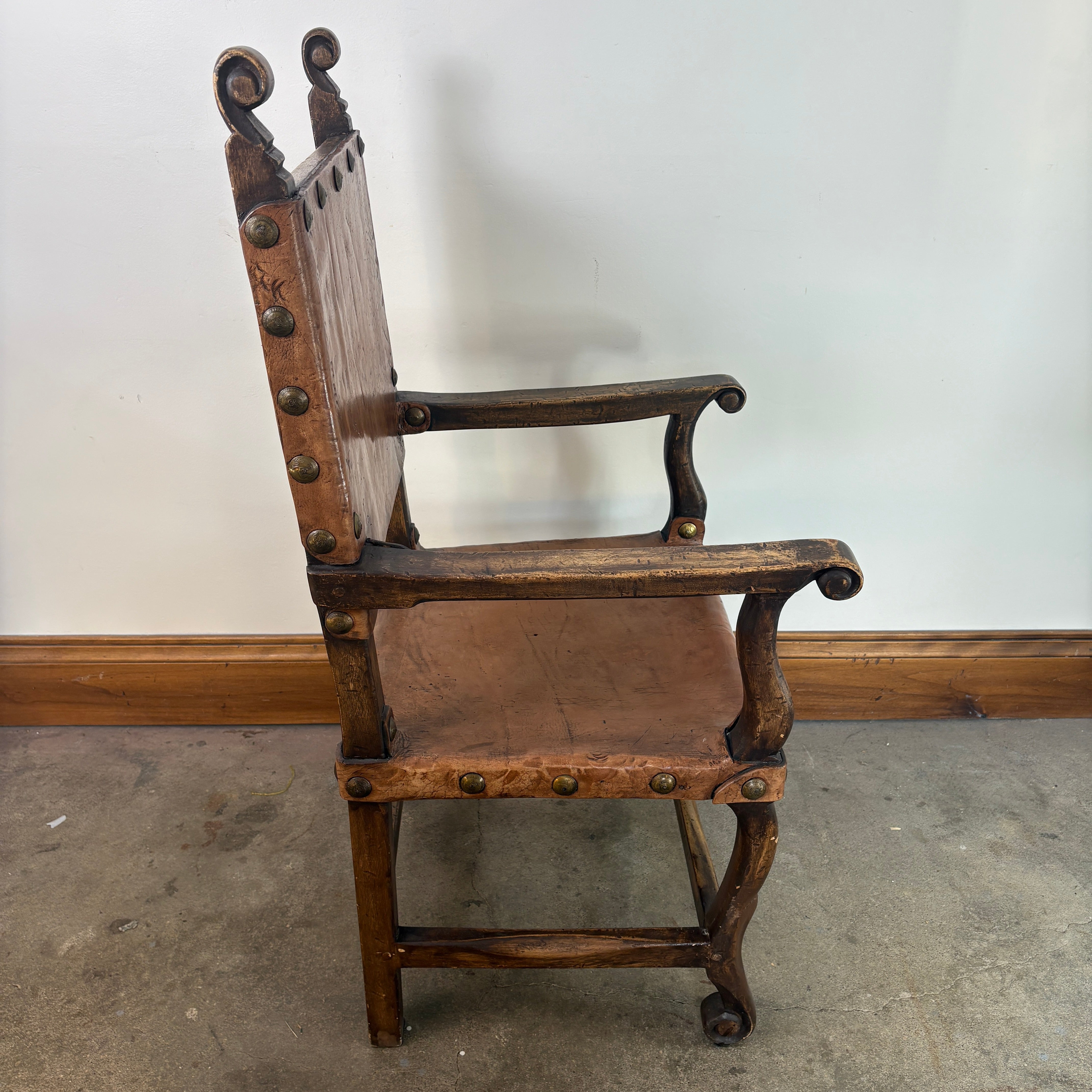 Set of Oak & Aged Leather Arm Chairs with Nail Head Detail & Side Chairs, Sku 033087