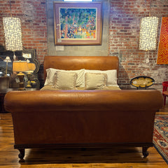 Leather Sleigh Bed, California King, Carmel Tone, Wood Legs, Nail Head Detail, Sku: 033573