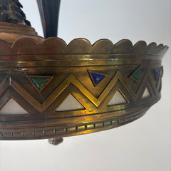 Art Deco Chandelier Antique Brass, Milk Glass with Cobalt and Emerald Enamel Triangles, Sku 033315