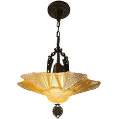 1930's Art Deco Honey Colored Pressed Glass One Light Pendant with Elaborate Brass Work, 034085