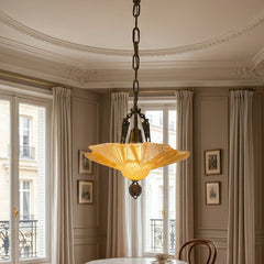 1930's Art Deco Honey Colored Pressed Glass One Light Pendant with Elaborate Brass Work, 034085