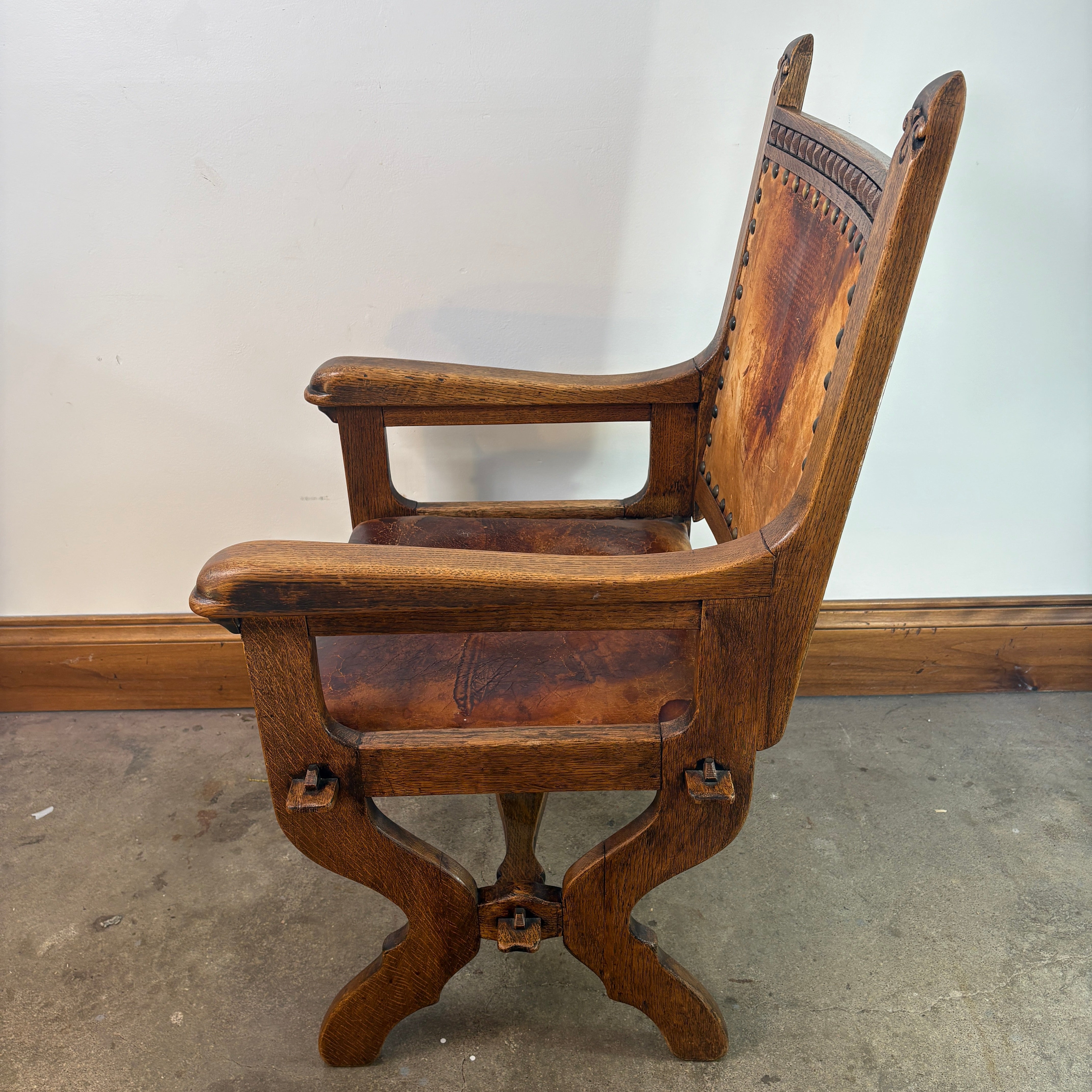 Set of Oak & Aged Leather Arm Chairs with Nail Head Detail & Side Chairs, Sku 033087