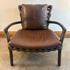Palecek Arm Chairs Rattan and Woven Natural Material Loose Cushions in Supple Brown Leather, Sku 033804