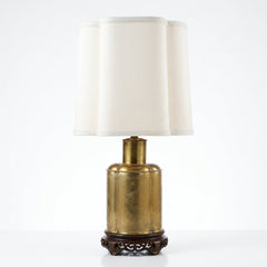 Brass Table Lamp, Asian Styling Etched Floral and Bird Motif Quatrefoil Shaped Linen Shade, Sku 034077