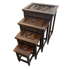 Early 1900's Japanese Hand Carved Set of Four Nesting Tables w/ Glass Inserts Available, Sku 033774