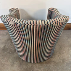 Pair of Vintage Casa Bique Neo Classical Style Arm Chairs, Cut Velvet Striped Upholstery Black, Beige, Blush, Aqua, Scrolled Arm Detail,  Great Condition, Chairish Price $1810 Each, Sku 033475