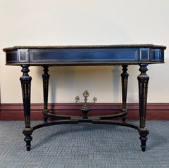 Black & Gold Italian Desk, Leather Top, Pencil Drawer, Elaborate Detailing, Base Stretcher, Finial Detail, Sku 034059