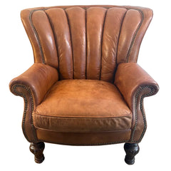 Cognac Leather Chair with Channel Back Nail Head Trim Turned Legs and Rolled Arms, Sku 034127