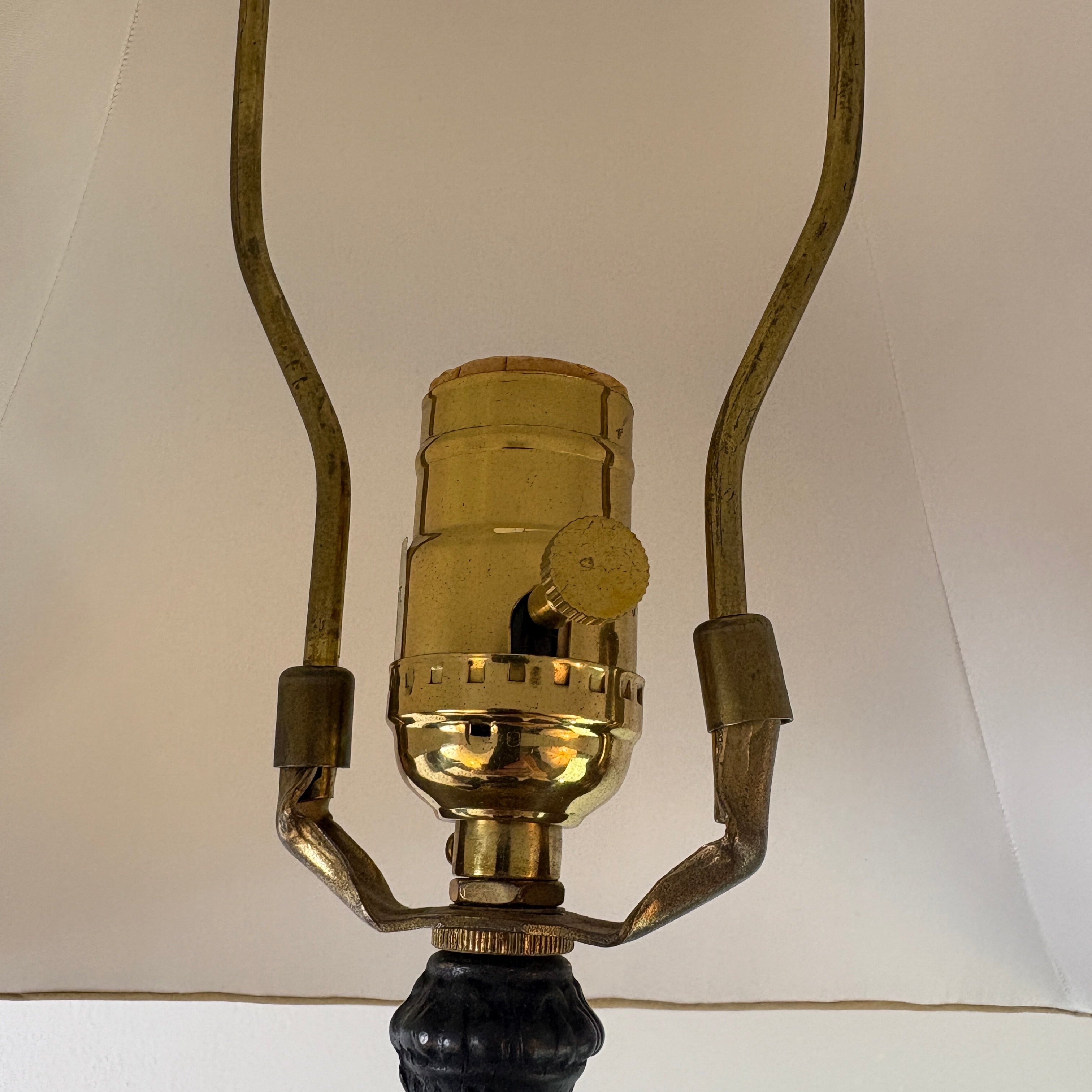 Pair of Bronze Table Lamps w/ Palm Tree & Monkeys, Beige Silk & Pleated Shade, Sku 033089