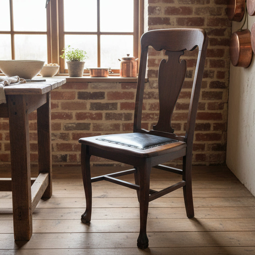 Antique Oak Side Chair, Black Leather Seat Cushion, Claw Feet, Urn Style Back Rest, Sku: 033528