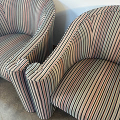 Pair of Vintage Casa Bique Neo Classical Style Arm Chairs, Cut Velvet Striped Upholstery Black, Beige, Blush, Aqua, Scrolled Arm Detail,  Great Condition, Chairish Price $1810 Each, Sku 033475