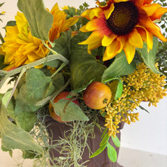 Faux Floral Arrangement Yellow Dahlias & Sunflowers in Sand Resin Urn, Sku 033980