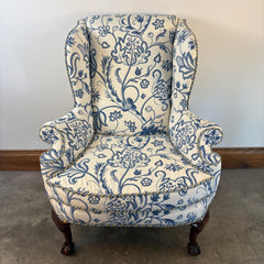Custom Upholstered Wing Back Chair, Indigo & Cream Turkish Flower Pattern, Sku: 033545