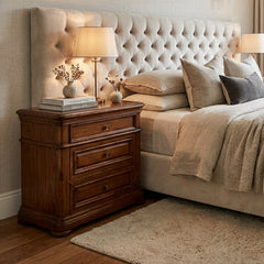 Three Drawer Chest Medium Tone Wood Antique Brass Knobs, Sku 034091