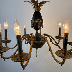 Antique 8 Arm Chandelier Dark Brass and Black, Bow Motif, Sku 033530