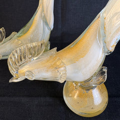 Pair of Art Glass Birds, Possibly Murano, Clear, White and Gold Speckles, 033871