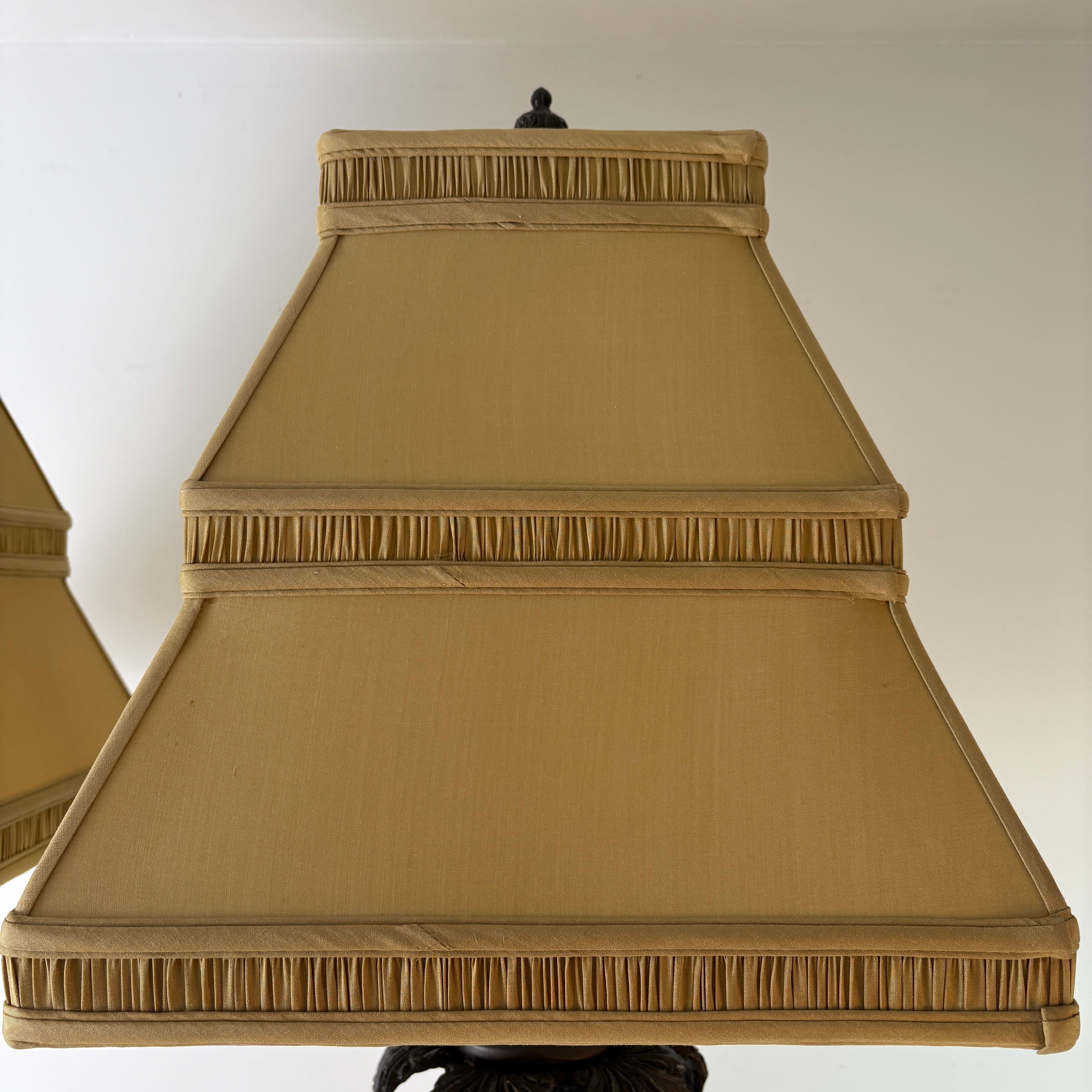 Pair of Bronze Table Lamps w/ Palm Tree & Monkeys, Beige Silk & Pleated Shade, Sku 033089