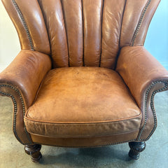 Cognac Leather Chair with Channel Back Nail Head Trim Turned Legs and Rolled Arms, Sku 034127