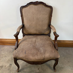 Sanded Leather Chair with Cheetah Spot Upholstery Cabriole Leg Style, Damage on Seat, Sku 033355. Another Undamaged Chair Available, Sku 033354