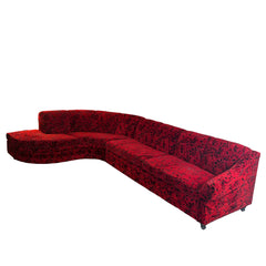 Vintage Sculpted Velvet Black & Red Floral Pattern Two-Piece Sectional Serpentine Shape, Turned Feet, Sku 033667