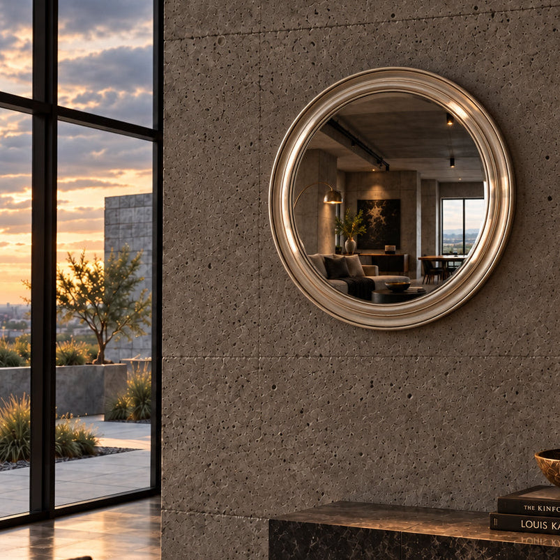 Moderne by Cresent Round Beveled Mirror in a Silver Tone Frame, Sku 034046