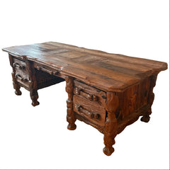 Oversized Log Cabin Style Rustic Carved Wood Desk, Sku 033852