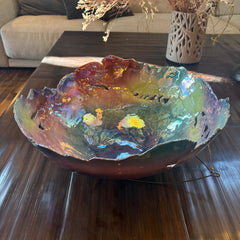 Porcelain Bowl by Artist Jutta Golas Iridescent Colors Primarily Shades of Blue and Purple, Sku 033584