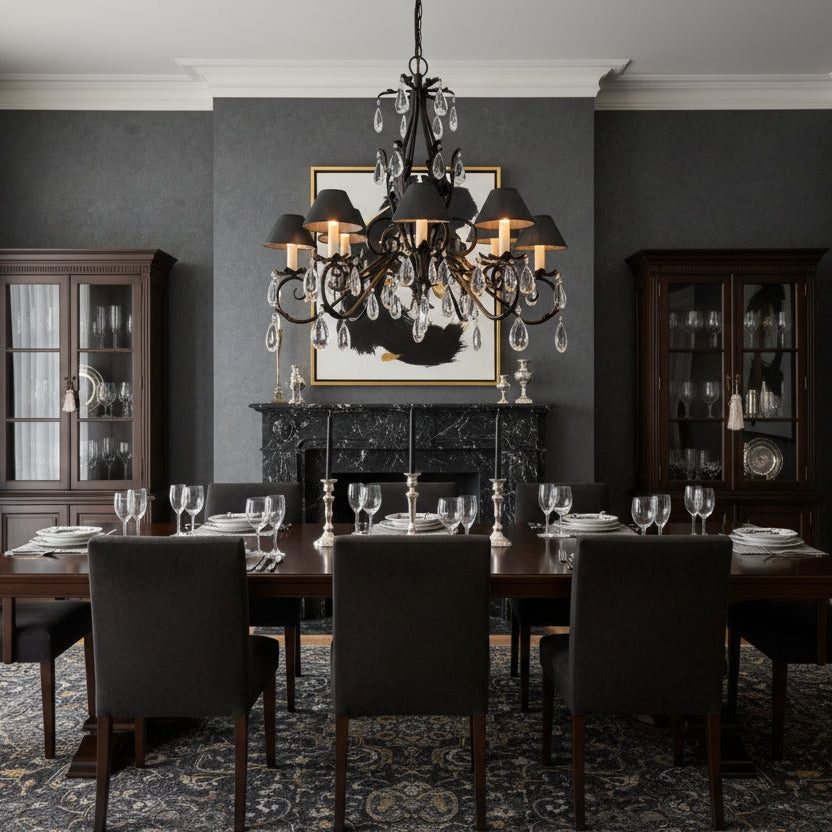 Arte De Mexico 12 Light Chandelier with Gunmetal Finish, Teardrop Crystals and Acanthus Leaf Details, Sku 033632