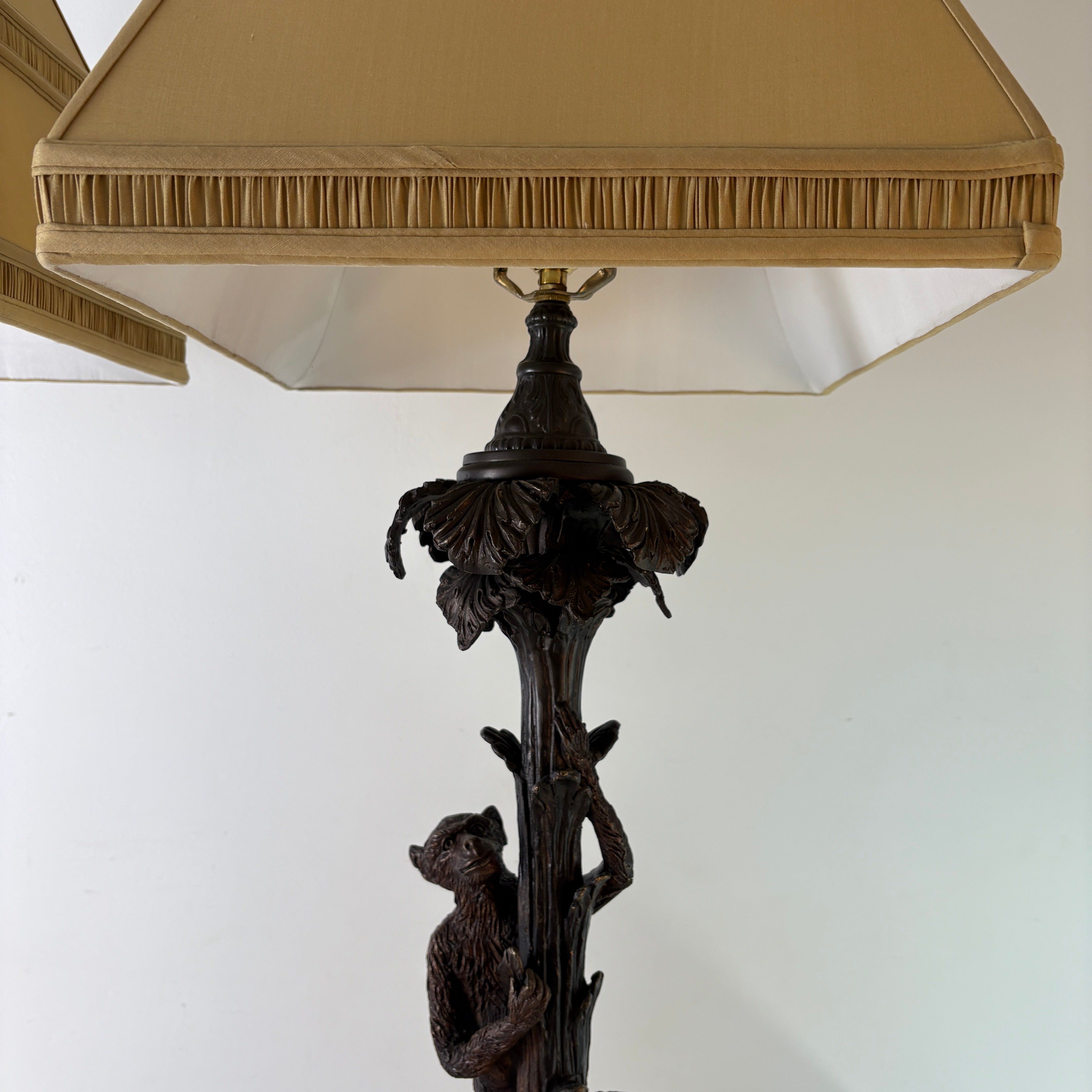Pair of Bronze Table Lamps w/ Palm Tree & Monkeys, Beige Silk & Pleated Shade, Sku 033089