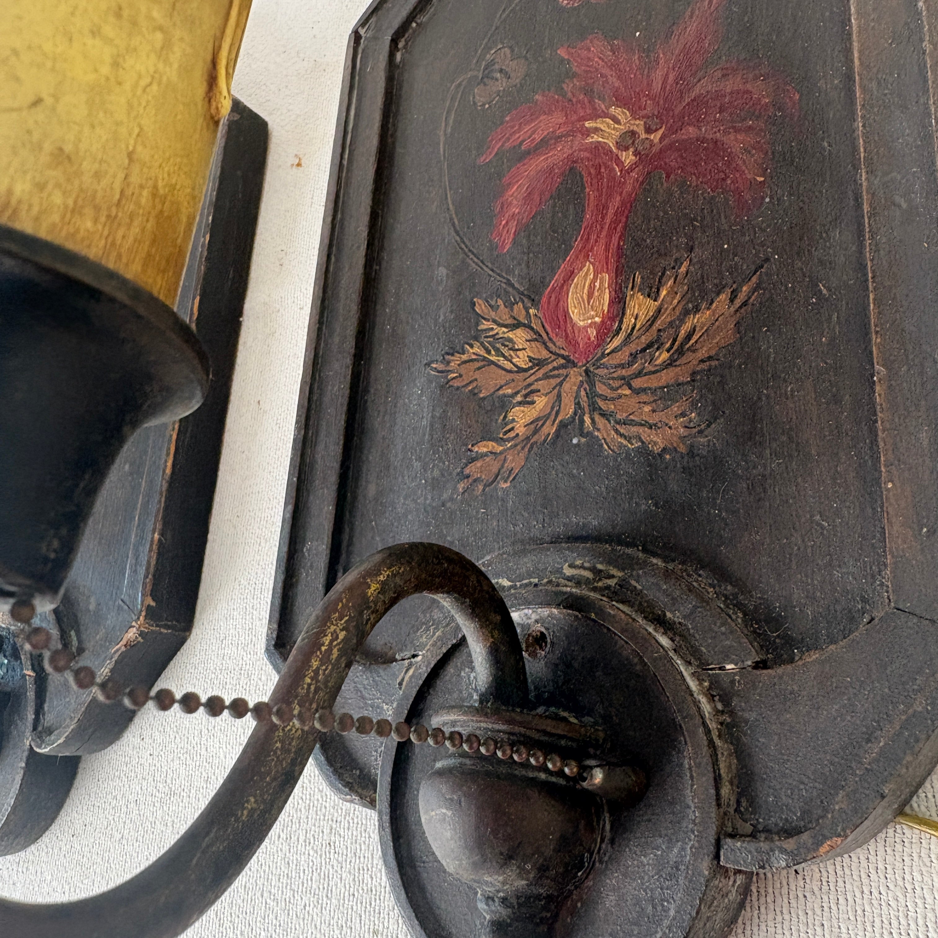 Pair of Sconces, Wood Base w/ Hand Painted Burgundy Flowers & Half Moon Paper Shade