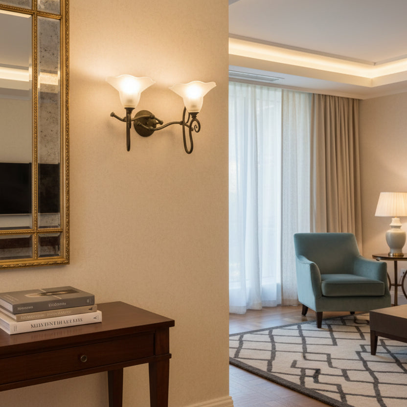 Sergio Terzani, Italian Wall Lights with Double Arm, White frosted Tulip Glass Globes, Sku 033514